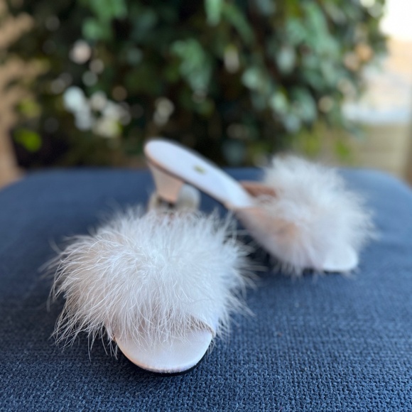Feather Trimmed Satin Heeled Slippers 6.5, Vintage-Inspired Glam Boudoir Mules - Picture 1 of 8